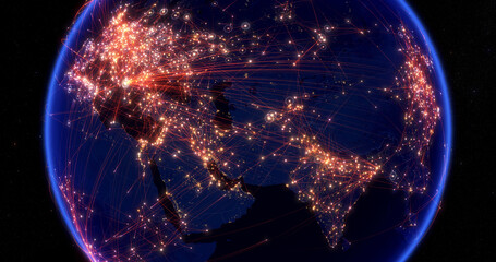 Global communications through the network of connections from Europe to Asia.