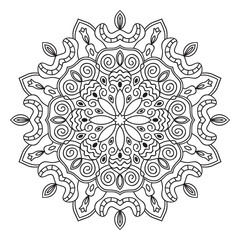 Black outline flower mandala. Doodle round decorative element for coloring book isolated on white background. Floral geometric circle. Vector illustration.