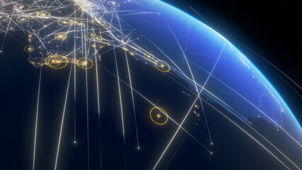 Global communication through a network of connections in Europe and around the world. Concept of internet, social media, traveling. 3D illustration.