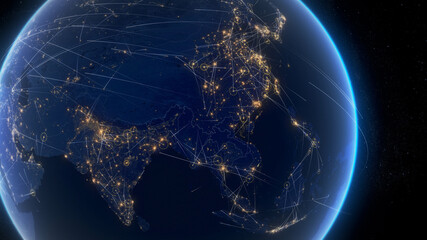 Global communication through a network of connections from Europe to Asia. Concept of internet, social media, traveling.