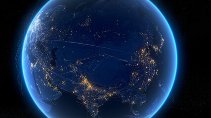 Global communication through a network of connections from Europe to Asia. Concept of internet, social media, travelling.