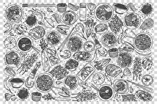 Korean food doodle set. Collection of chalk pencil hand drawn sketches templates of korea delicious cuisine rice noodle kimchi on transparent background. Eastern asian country meal illustration.
