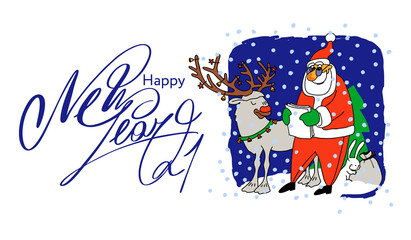 Happy New Year 2021. Santa Claus and reindeer. Santa Claus reads a letter . Christmas vector illustration for holiday invitations and greeting cards. Christmas poster, banner, or greeting card