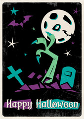 Halloween Illustration Mid Century Modern Postcard Stylization, Dead Hand, Tombstones, Cemetery, Full Moon, Bats Night Scene Abstract Drawing 