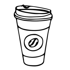 Paper cup.  A cup of coffee.  There is a coffee bean on the glass.  The illustration is drawn by a contour on a white background.  Decoration for menus and signs.