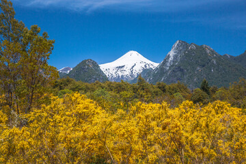 Obraz premium volcano osorno viewpoints blue water cabulco villarica chile volcan thaw river snow on top chile puerto varas puerto mont pucon villarica osorno blue water blue sky sunset