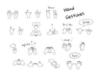 ハンドジェスチャー、ハンドサイン　手のイラスト　線画