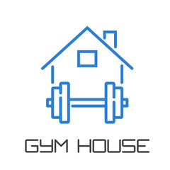 Obraz premium Sala de gimnasia en el hogar. Logotipo lineal texto Gym House con barra con pesas en casa en azul y gris