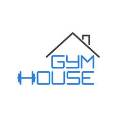 Sala de gimnasia en el hogar. Logotipo lineal texto Gym House con tejado de casa en azul y gris