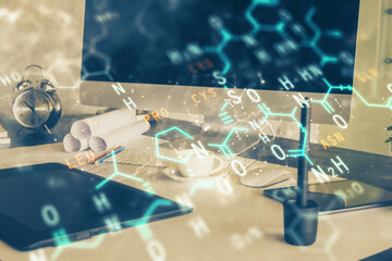 Desktop computer background and formula hologram writing. Double exposure. Education concept.