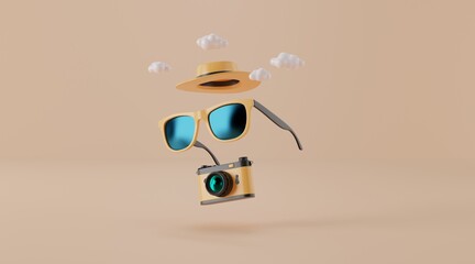 Sunglasses and Camera on yellow background. travel concept. minimal style with copy space. 3d rendering.