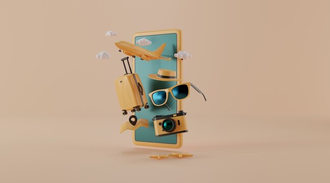 Traveling suitcase with smartphone and travel accessories on yellow background. travel concept. 3d rendering.