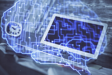 Multi exposure of work space with computer and human brain hologram. Brainstorm concept.