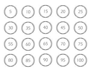 Numbers set. Vector flat illustration. Numbers 5 to 100 in circle.