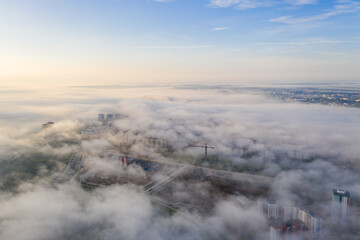 Light fog over the Minsk area! High-rise building and a line through the fog!