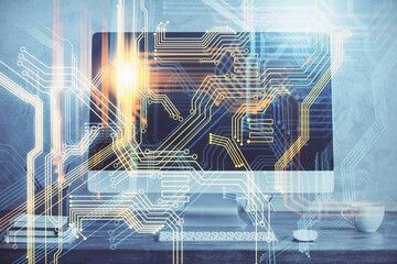 Multi exposure of table with computer and world map hologram. International data network concept.