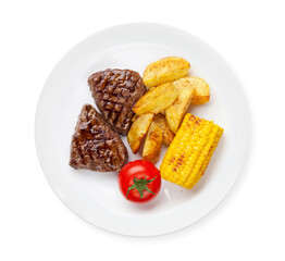 Steak with grilled potato, corn and tomato