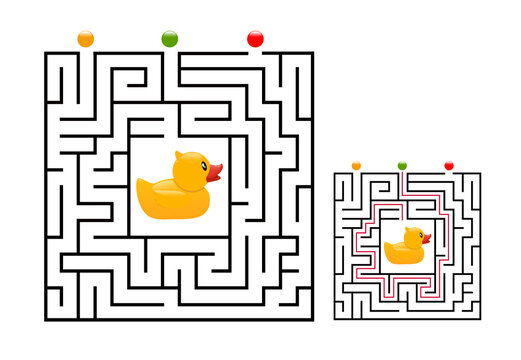 Square maze labyrinth game for kids with rubber duck. Labyrinth logic conundrum. Three entrance and one right way to go. Vector flat illustration isolated on white background.