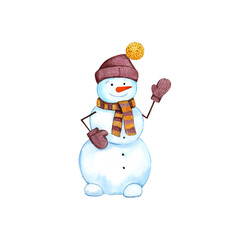 Snowman painted in watercolor isolated on a white background flat style for the Christmas holiday.