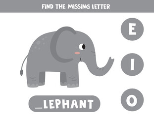Find missing letter and write it down. Cute cartoon elephant.