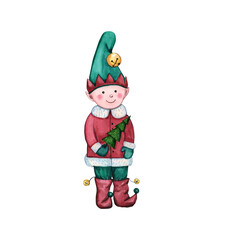 Elf Christmas watercolor stands with a Christmas tree in the hands of flat style isolated on a white background. The Assistant Of Santa Claus. Christmas.
