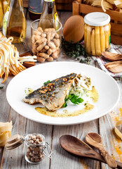 Fish fillet with mashed potato and poached egg