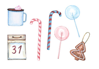 Christmas watercolor set for tea party of sweets and a hot drink in a mug and a new year's tear-off calendar isolated on a white background.