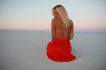 woman in red dress