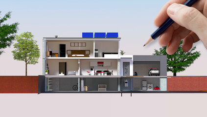 Projet de construction et vue en coupe de l'intérieur d'une belle maison moderne d'architecte avec...