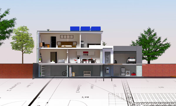 Projet de construction et vue en coupe de l'intérieur d'une belle maison moderne d'architecte avec cave sous-sol étage et garage avec panneaux solaires