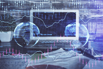 Multi exposure of forex chart and work space with computer. Concept of international online trading.