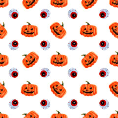 Halloween pumpkins and red eyes on white background. pumpkin with scary smile. Seamless watercolor pattern for fabric, textile, wrapping paper.
