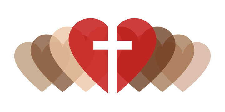 Christian love for diversity of all lives banner. Anti-racism cross with skin tone hearts representing love, inclusivity, diversity and equality for all ethnic groups. Vector illustration.