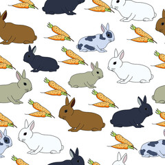 Animalistic seamless pattern with rabbits of various colors and carrots, cute pets and bright vegetables on a white background