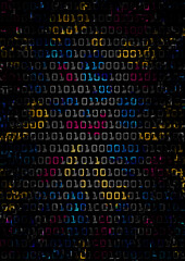 Fototapeta premium Binary code, grunge colorful background. Expressive Illustration with fragments of binay code on black backdrop. 