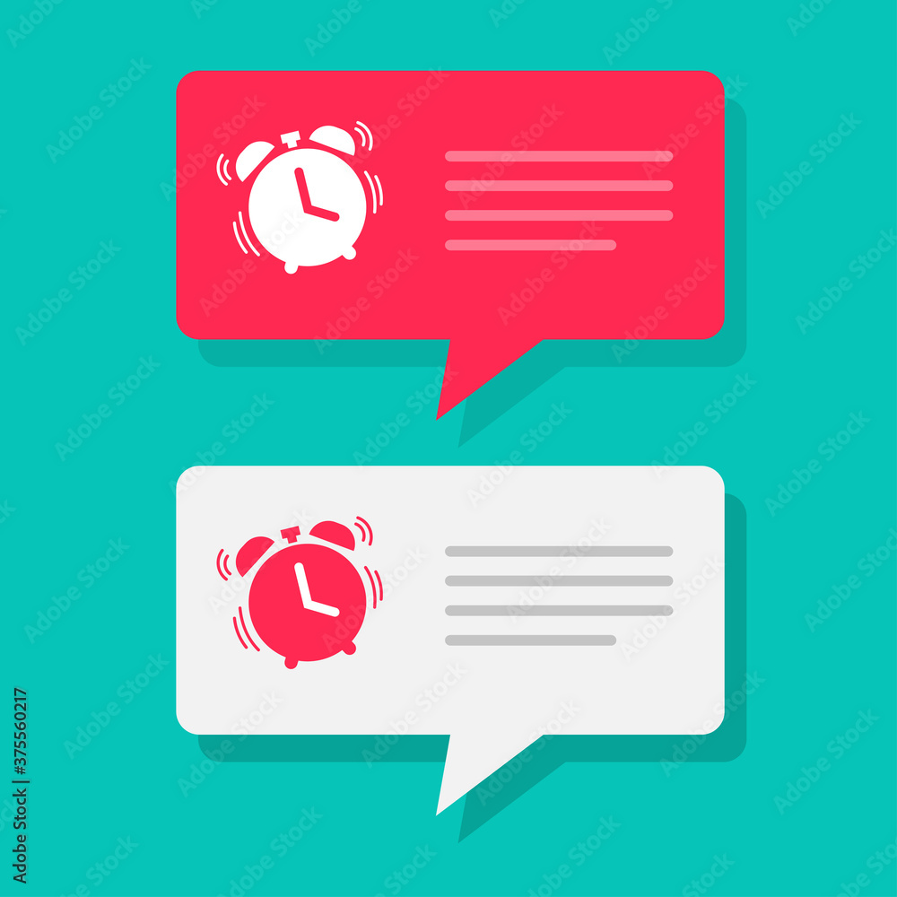 Poster reminder message notice with alarm clock bubble to wake up vector, watch timer notification flat ico