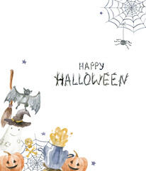 Watercolor composition of halloween theme: ghost, pumpkins, hat, bat, spiderweb, cauldron, broom, crossbones. Hand-drawn illustration isolated on the white background.