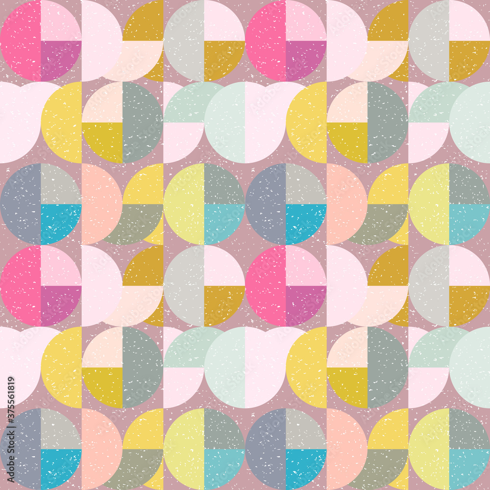 Aufkleber Modern vector abstract seamless geometric pattern with semicircles and circles in retro scandinavian style. Pastel colored colorful shapes with worn out texture .
