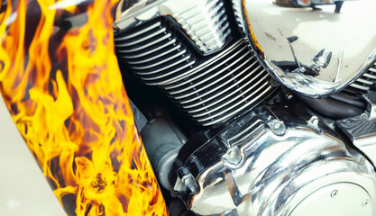 Fototapeta na wymiar Chromed motorcycle engine close up