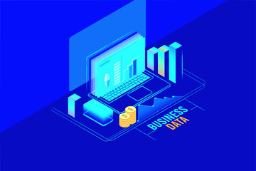 Isometric laptop illustration with data analytics