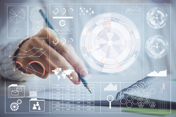 Double exposure of woman's hands on background with technology and digital coding icons. Data development concept. Close up.