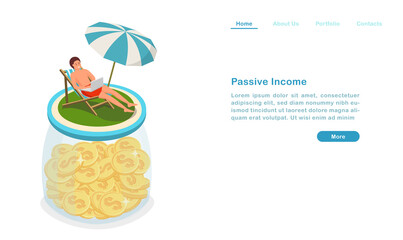 Website landing page template cartoon passive income concept earning money and enjoying vocation at the same time