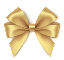 Decorative gold double bow with realistic shadow  isolated on white. Vector stock illustration. 
