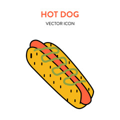 Hot dog icon. Vector colorful icon of a hot dog grill with some mustard on it. Fast food snack illustration