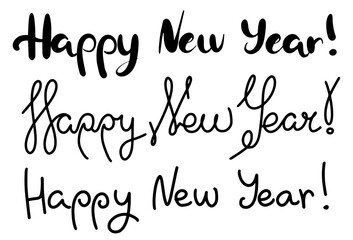 set of inscriptions happy new year in handwriting fonts.