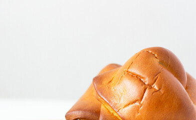 Delicious fresh pastries. Sweet curd bun for Breakfast. Empty space for text