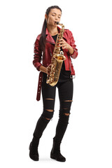 Full length portrait of a female saxophonist in a red leather jacket playing sax