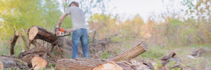 farmer sawing a tree with a chainsaw, selective focus, focus on the foreground, blurry background