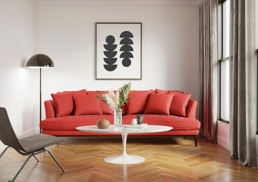 3d render of a cosy living room with a red sofa an art canvas and a leather lounge chair