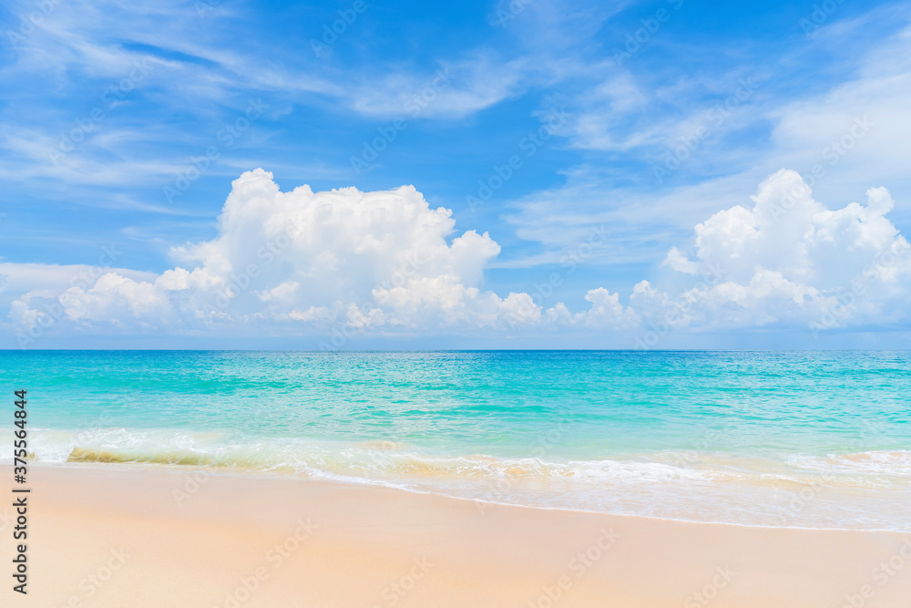 Wall mural beautiful tropical beach with blue sky and white clouds abstract texture background. copy space of s